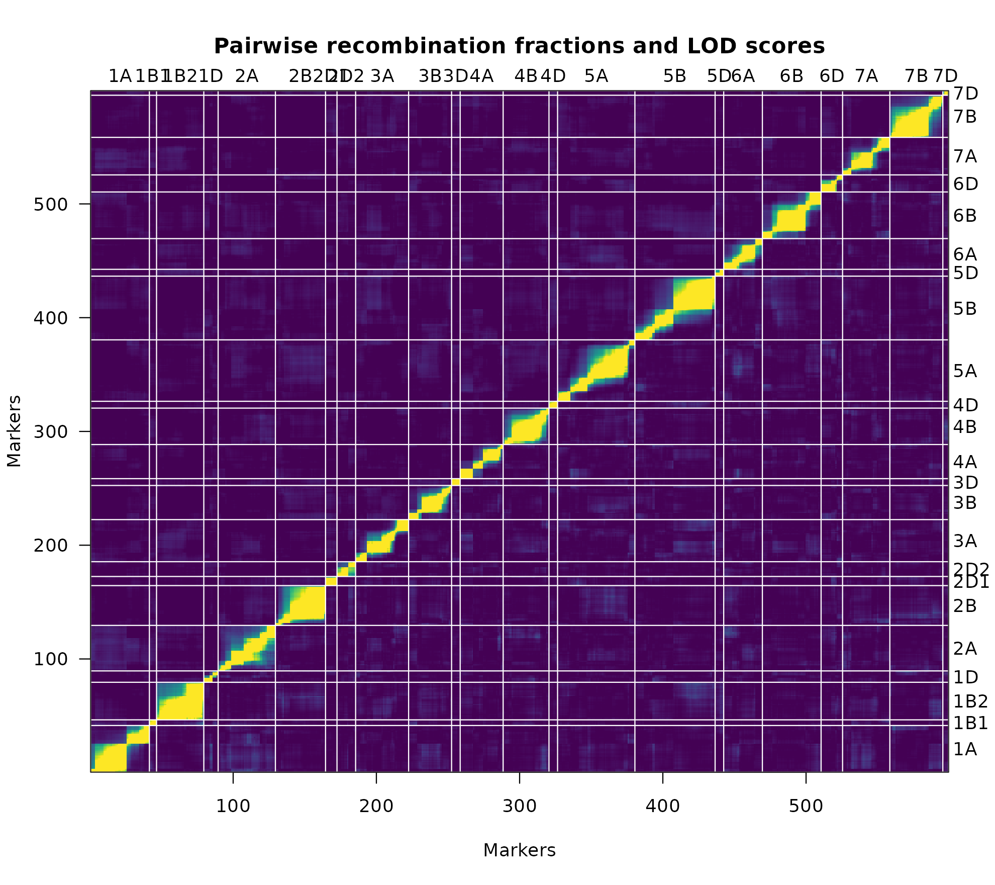 Heat map of the constructed linkage map mapDH using plotRF().